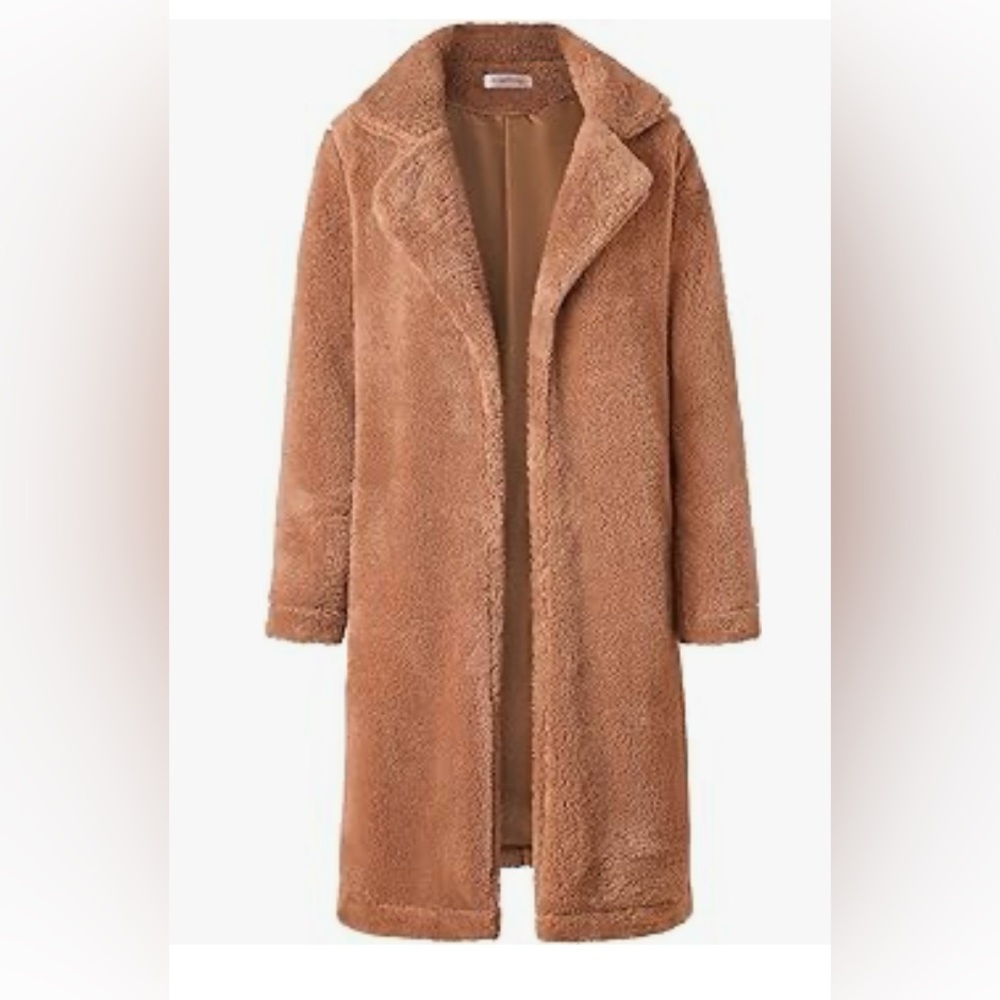 Faux fur fleece long open coat, camel color, large, NEVER WORN